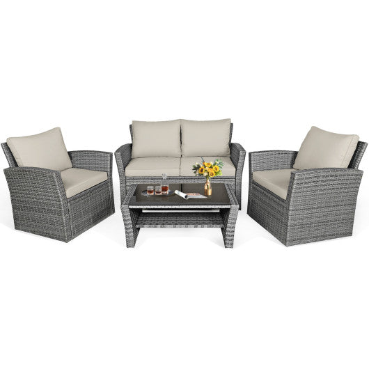 4 Pieces Patio Rattan Furniture Set Sofa Table with Storage Shelf Cushion - Khaki