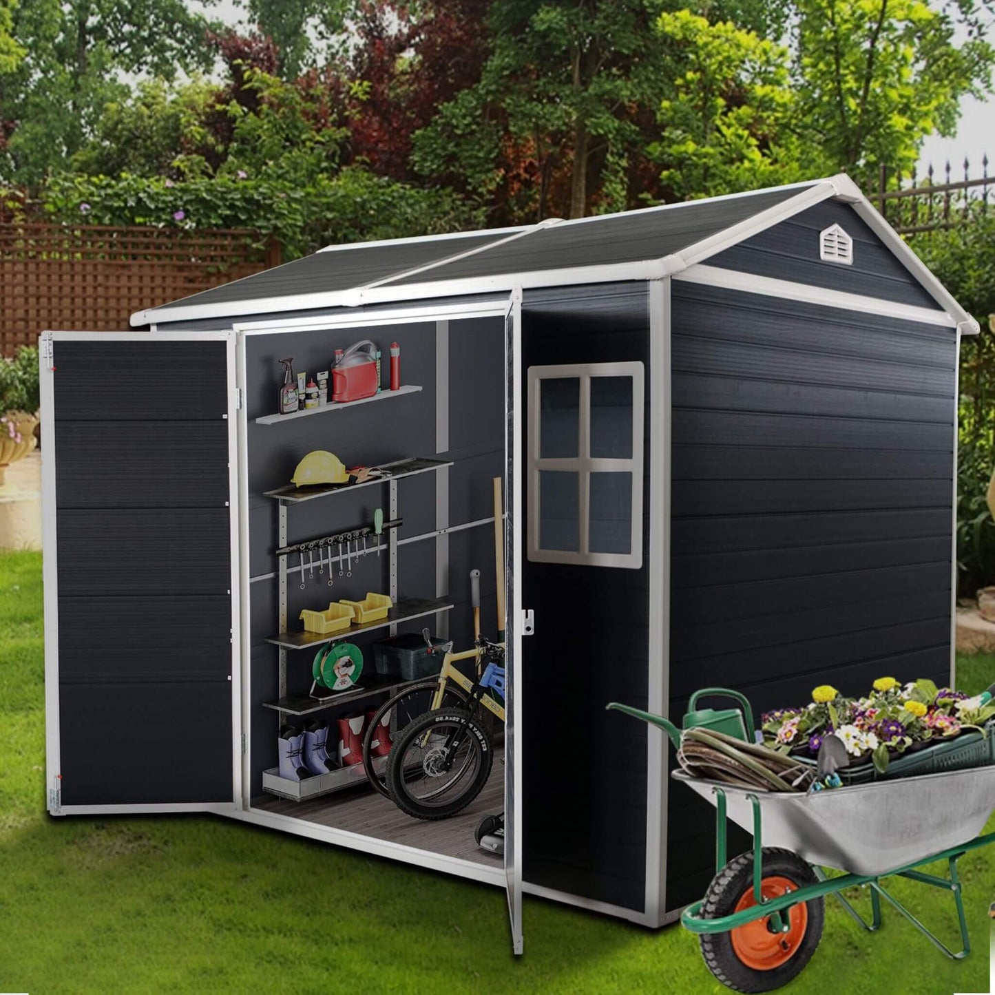 6' x 8' FT Alora Outdoor Resin Patio Garden Shed With Floor, 2 Windows, And Lockable Doors
