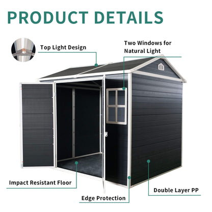 6' x 8' FT Alora Outdoor Resin Patio Garden Shed With Floor, 2 Windows, And Lockable Doors