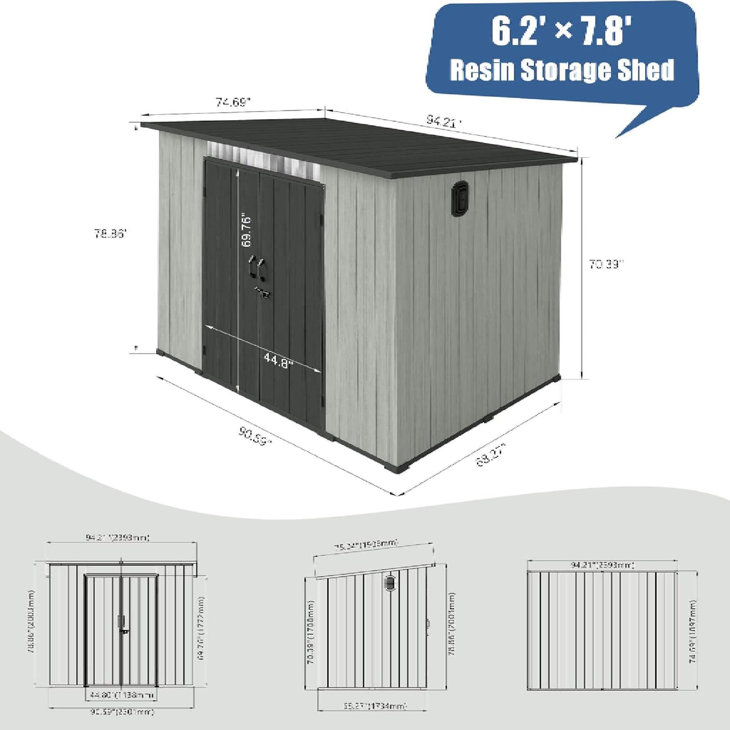 6FT x 8FT Alora Outdoor Resin Storage Shed with Lockable Double Doors and Sloping Roof