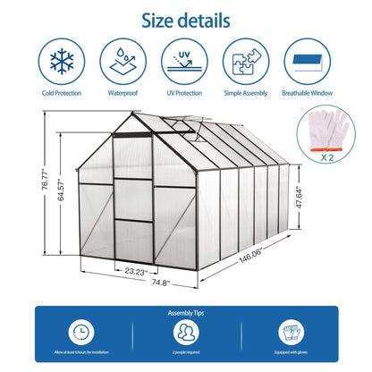 6' x 12' FT Alora Heavy-Duty Black Polycarbonate Greenhouse With Raised Base And Anchor