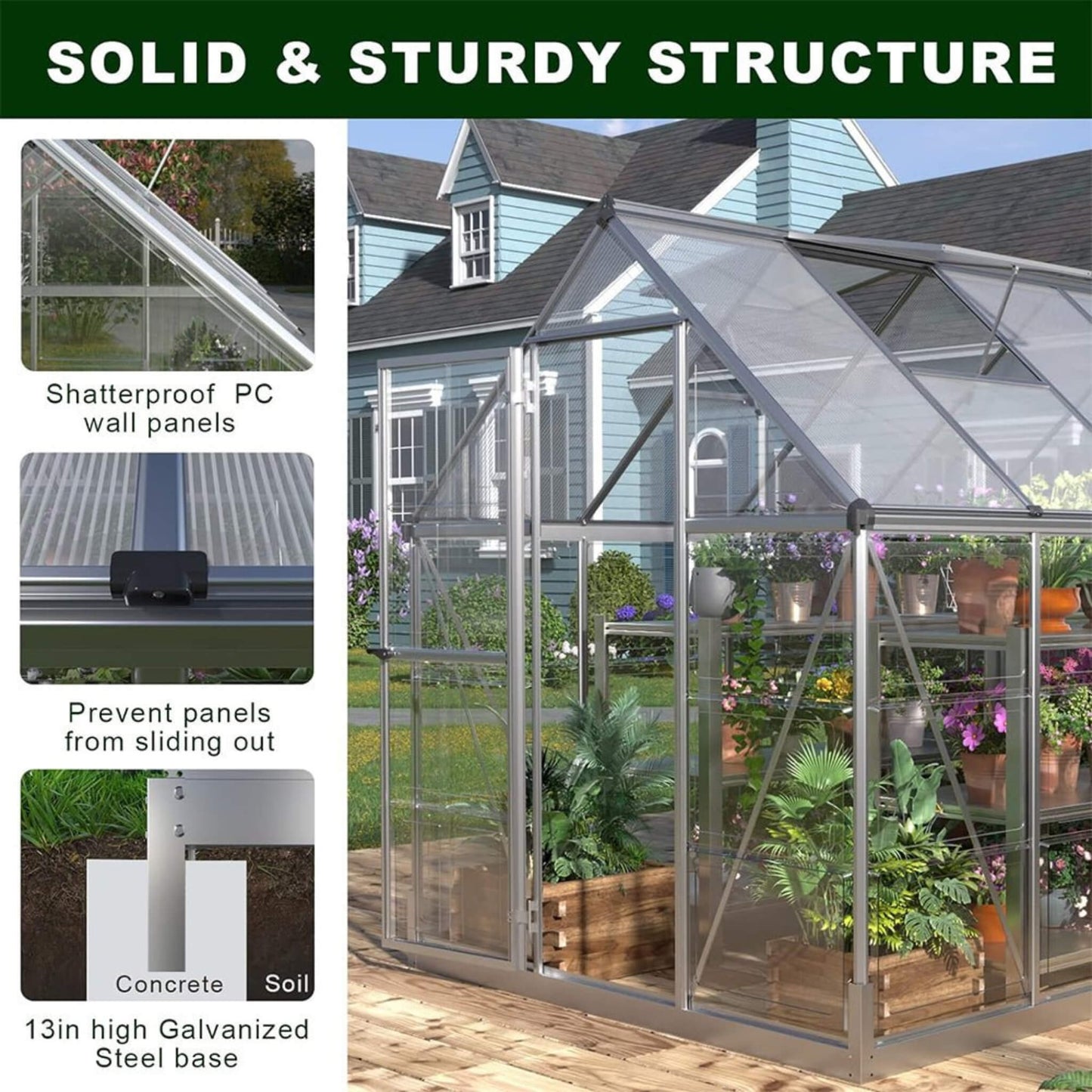 6' x 12' FT Heavy-Duty Outdoor Aluminum Polycarbonate Walk-In Greenhouse With Lockable Hinged Door