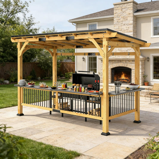 6FT x 13FT Premium Outdoor Hardtop Wooden BBQ Grill Gazebo
