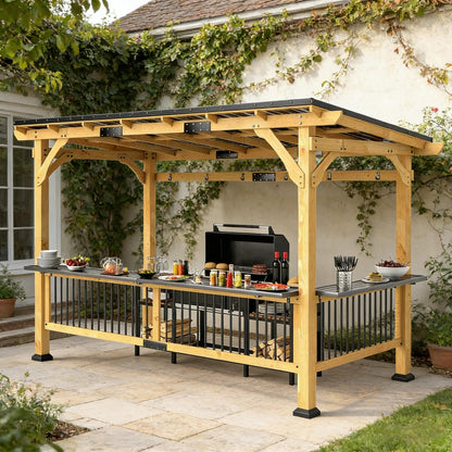 6FT x 13FT Premium Outdoor Hardtop Wooden BBQ Grill Gazebo