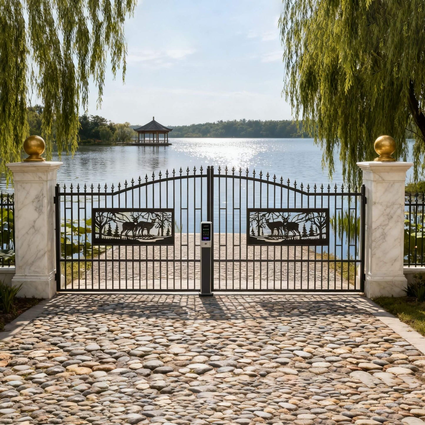 7FT x 20FT Heavy-Duty Deer Motif Style Bi-Parting Galvanized Steel Driveway Entrance Gate