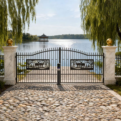 7FT x 20FT Heavy-Duty Deer Motif Style Bi-Parting Galvanized Steel Driveway Entrance Gate
