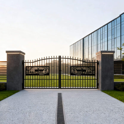 7FT x 20FT Heavy-Duty Deer Motif Style Bi-Parting Galvanized Steel Driveway Entrance Gate