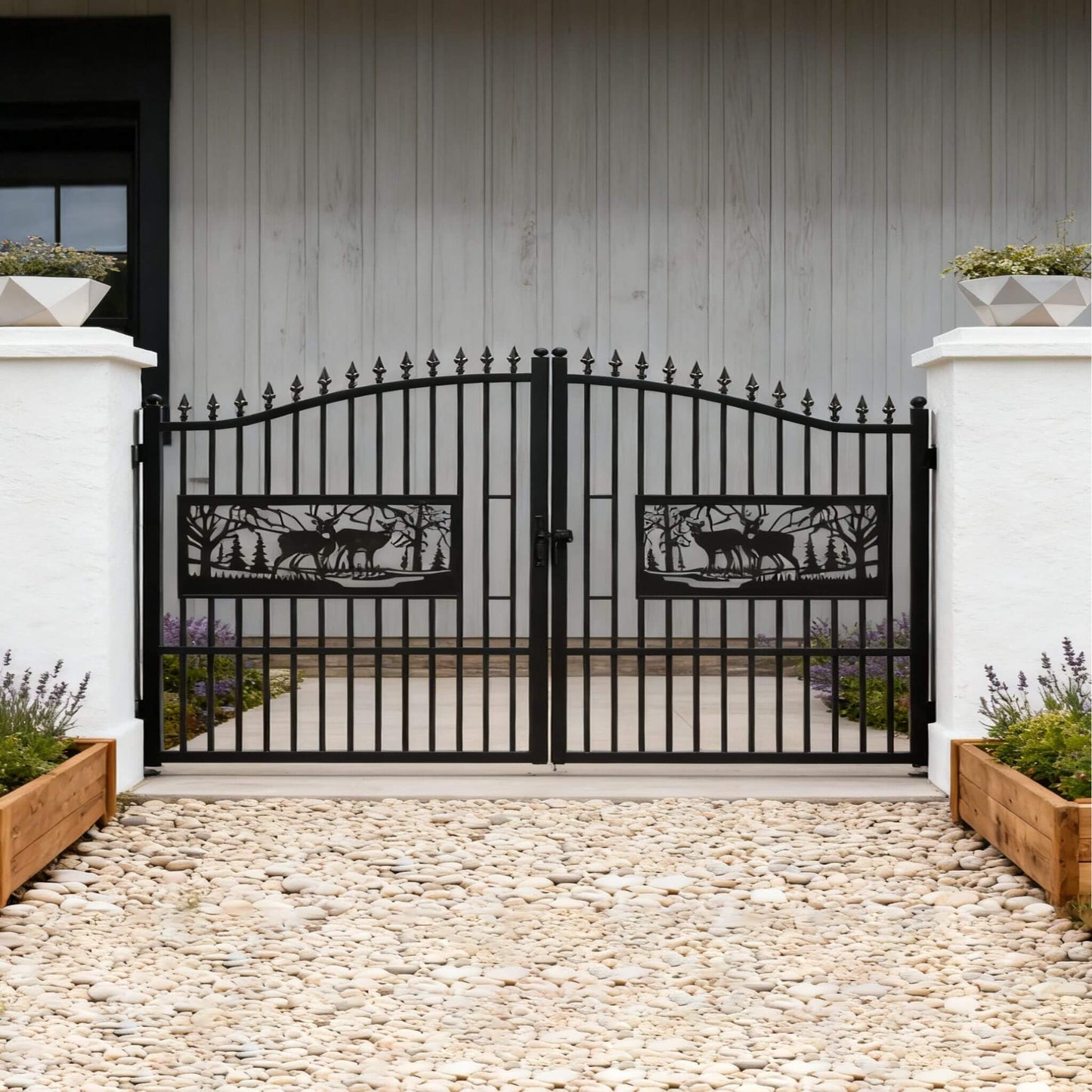 7FT x 20FT Heavy-Duty Deer Motif Style Bi-Parting Galvanized Steel Driveway Entrance Gate
