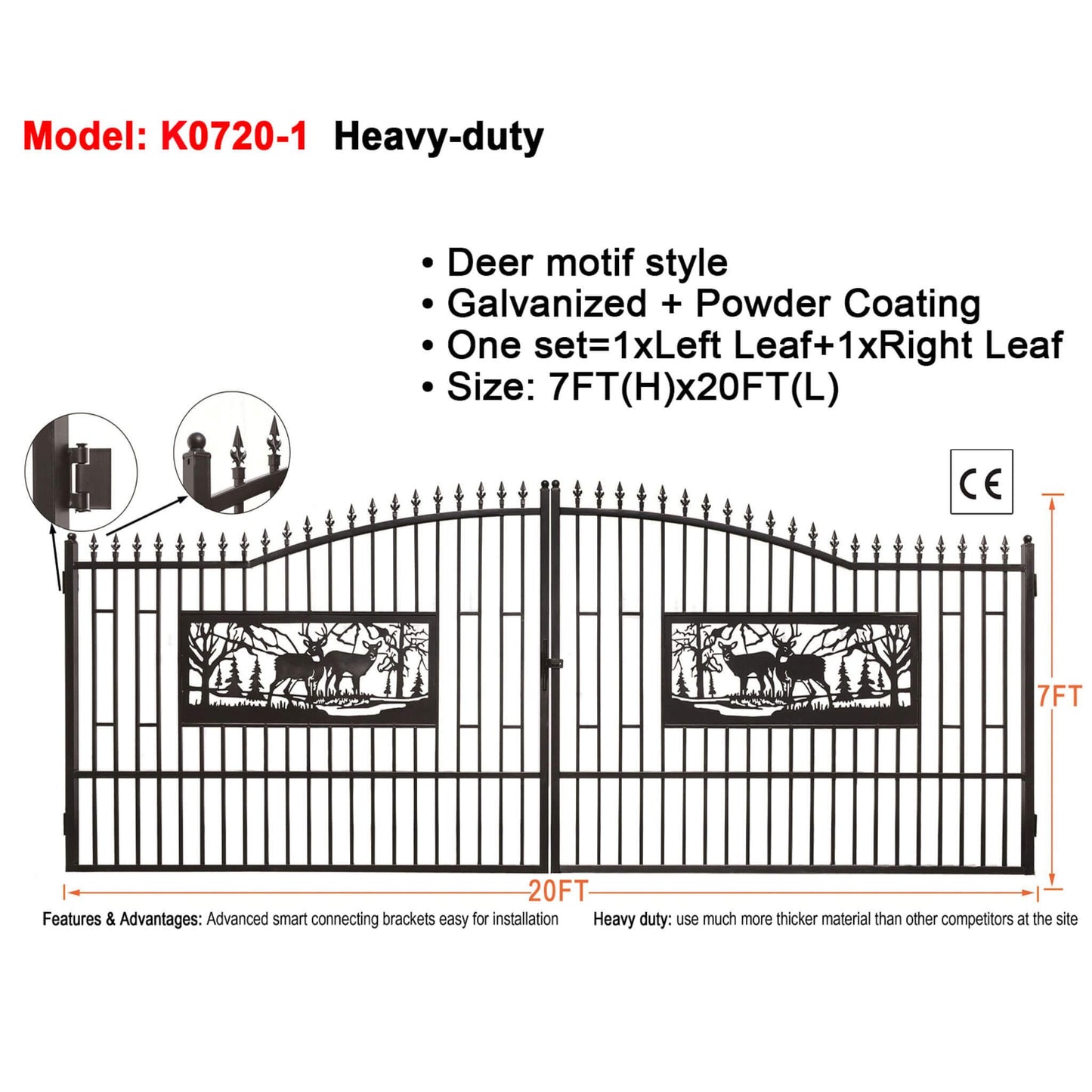 7FT x 20FT Heavy-Duty Deer Motif Style Bi-Parting Galvanized Steel Driveway Entrance Gate