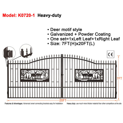 7FT x 20FT Heavy-Duty Deer Motif Style Bi-Parting Galvanized Steel Driveway Entrance Gate