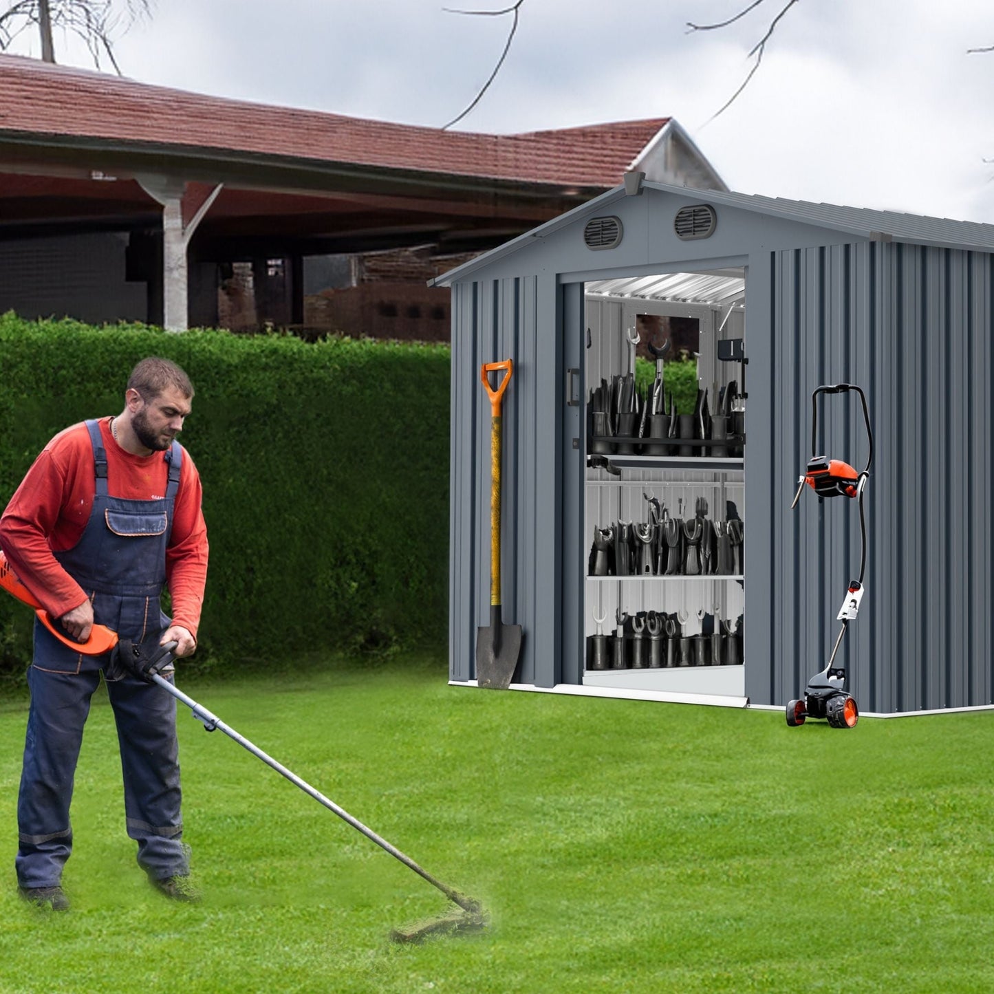 8FT x 10FT Large Outdoor Metal Backyard Garden Storage Tool Shed with Window and Lockable Doors
