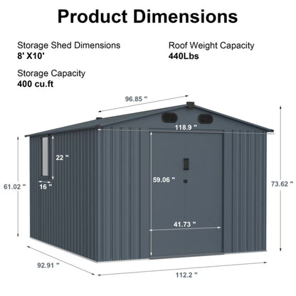 8FT x 10FT Large Outdoor Metal Backyard Garden Storage Tool Shed with Window and Lockable Doors