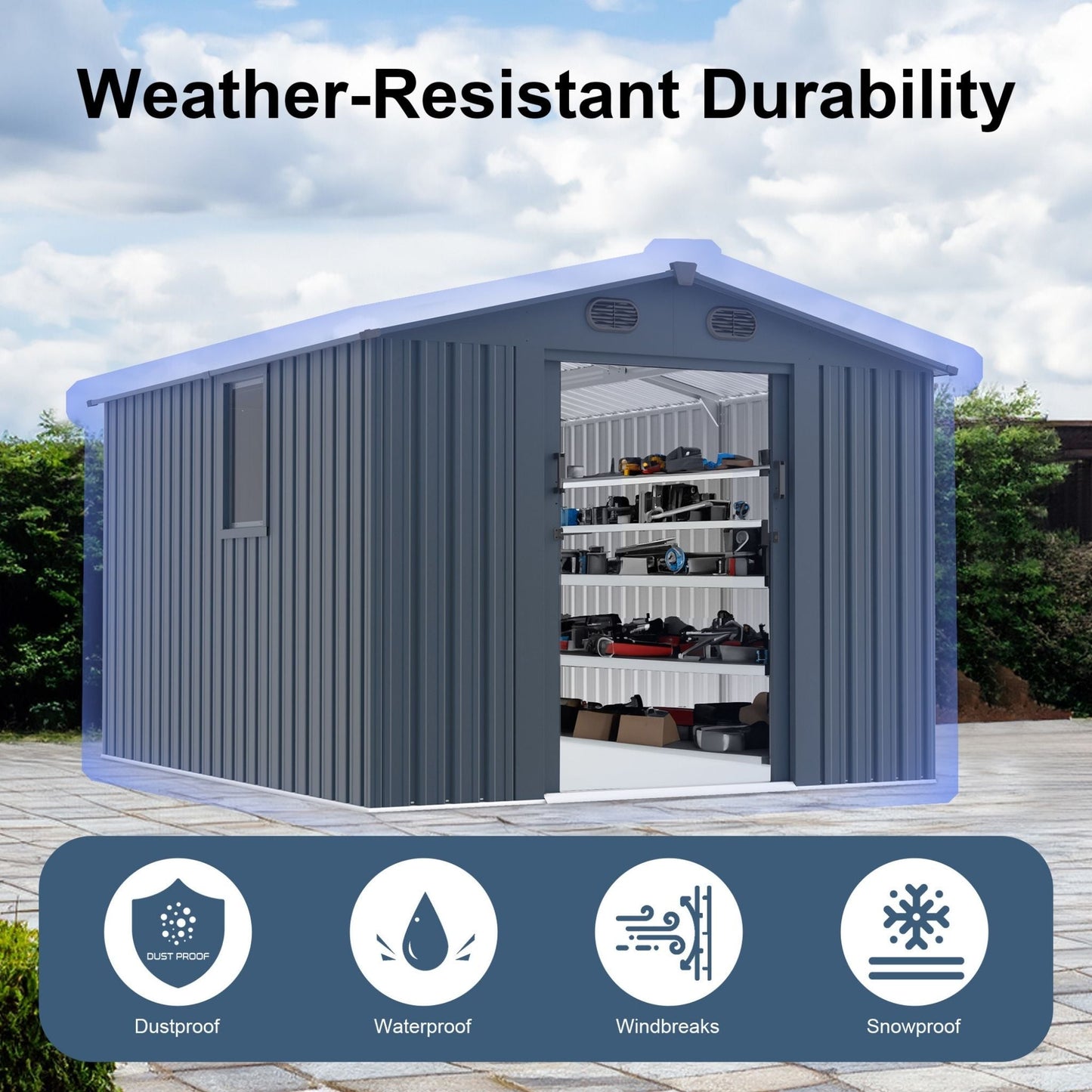 8FT x 10FT Large Outdoor Metal Backyard Garden Storage Tool Shed with Window and Lockable Doors
