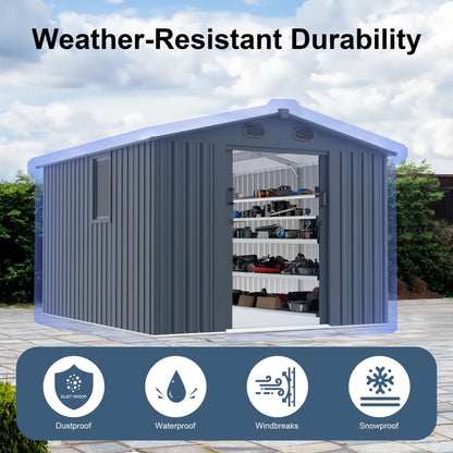 8FT x 10FT Large Outdoor Metal Backyard Garden Storage Tool Shed with Window and Lockable Doors