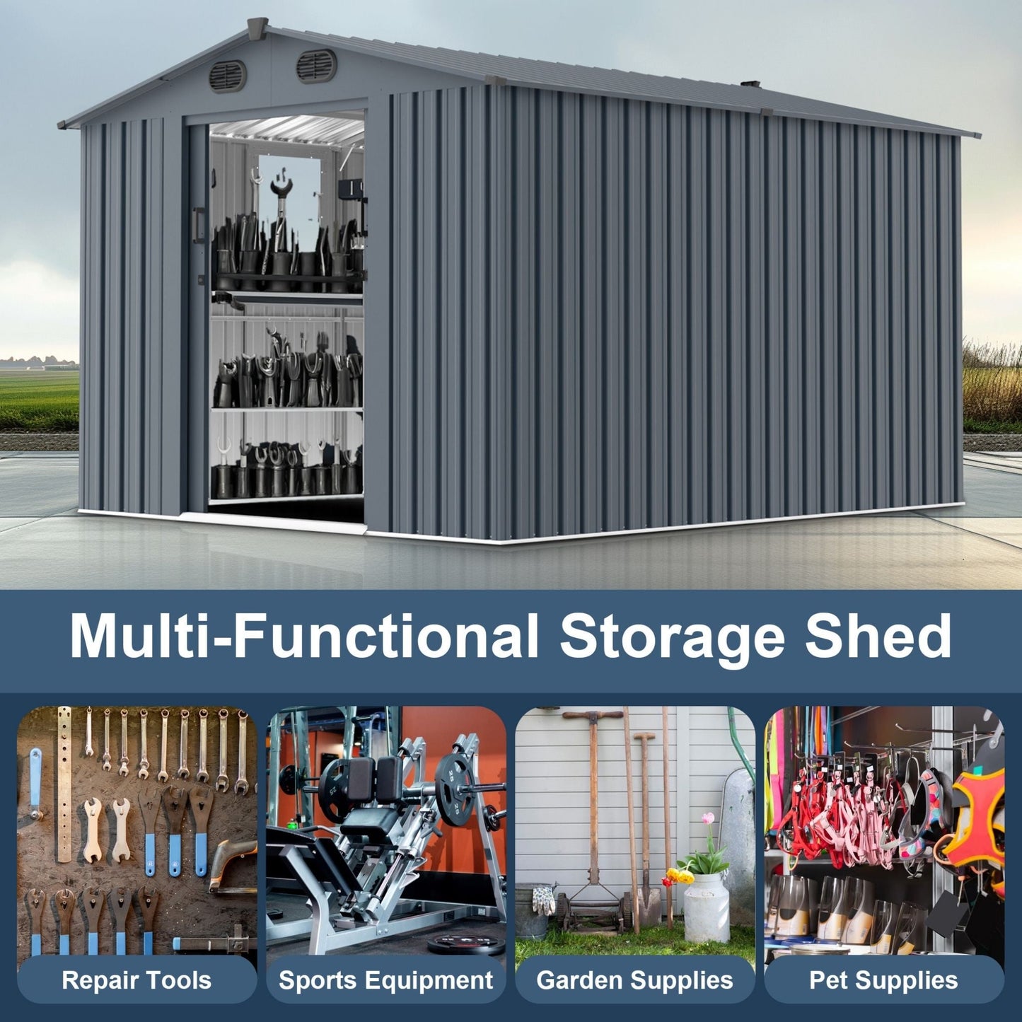 8FT x 10FT Large Outdoor Metal Backyard Garden Storage Tool Shed with Window and Lockable Doors