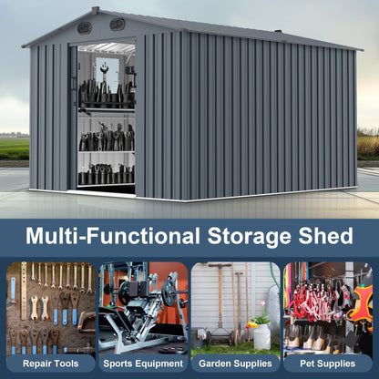 8FT x 10FT Large Outdoor Metal Backyard Garden Storage Tool Shed with Window and Lockable Doors