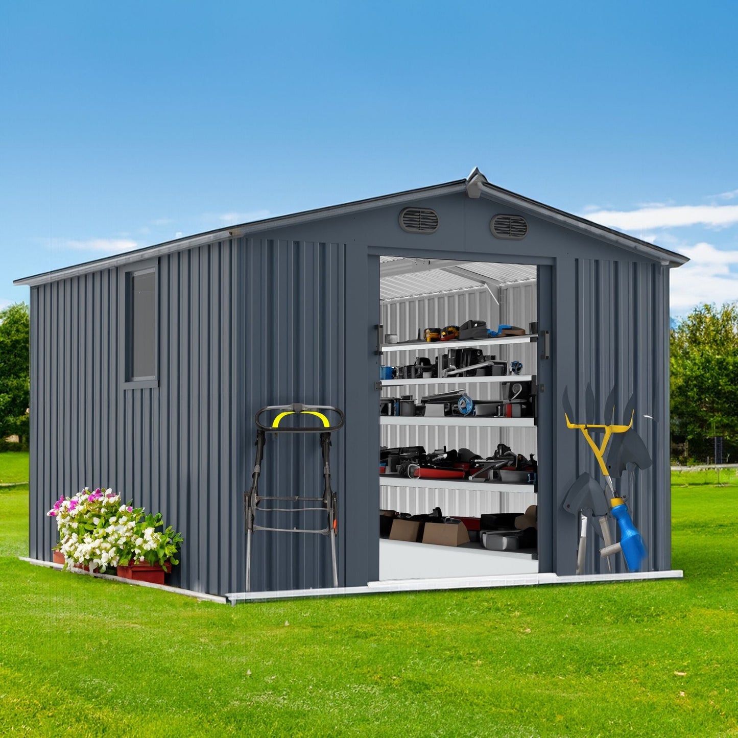 8FT x 10FT Large Outdoor Metal Backyard Garden Storage Tool Shed with Window and Lockable Doors