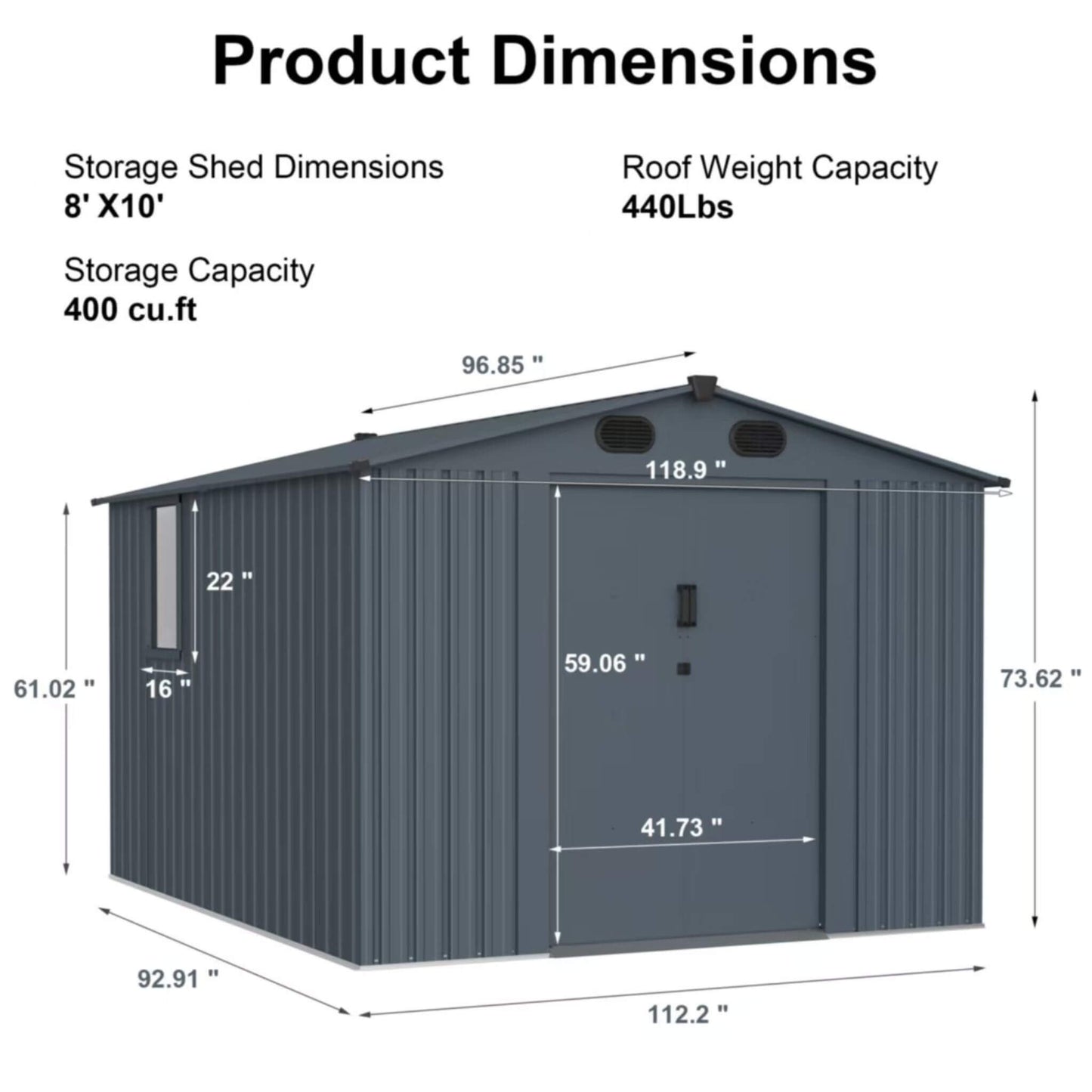 8FT X 10FT Alora Large Outdoor Metal Storage Tool Shed with Window and Lockable Doors