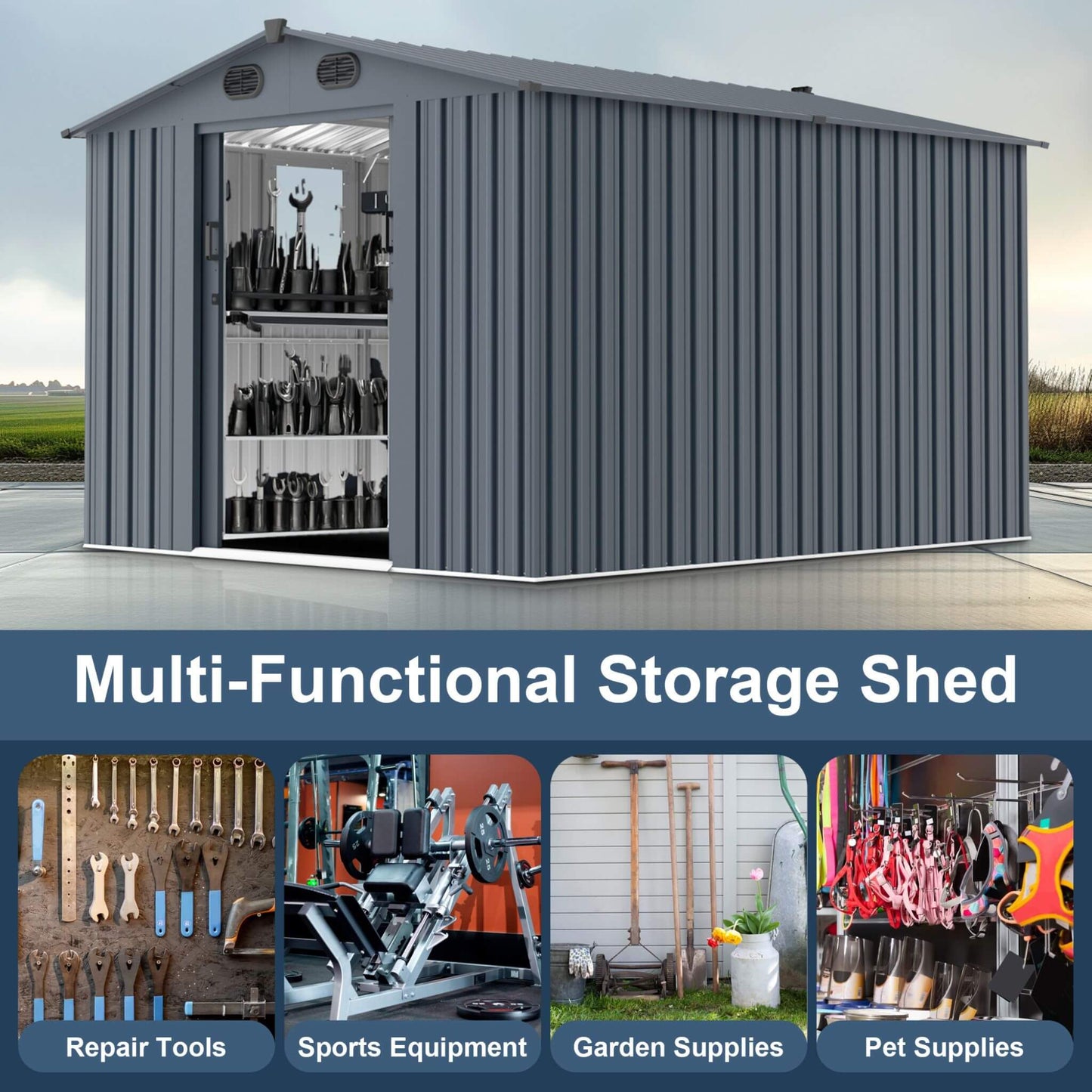 8FT X 10FT Alora Large Outdoor Metal Storage Tool Shed with Window and Lockable Doors