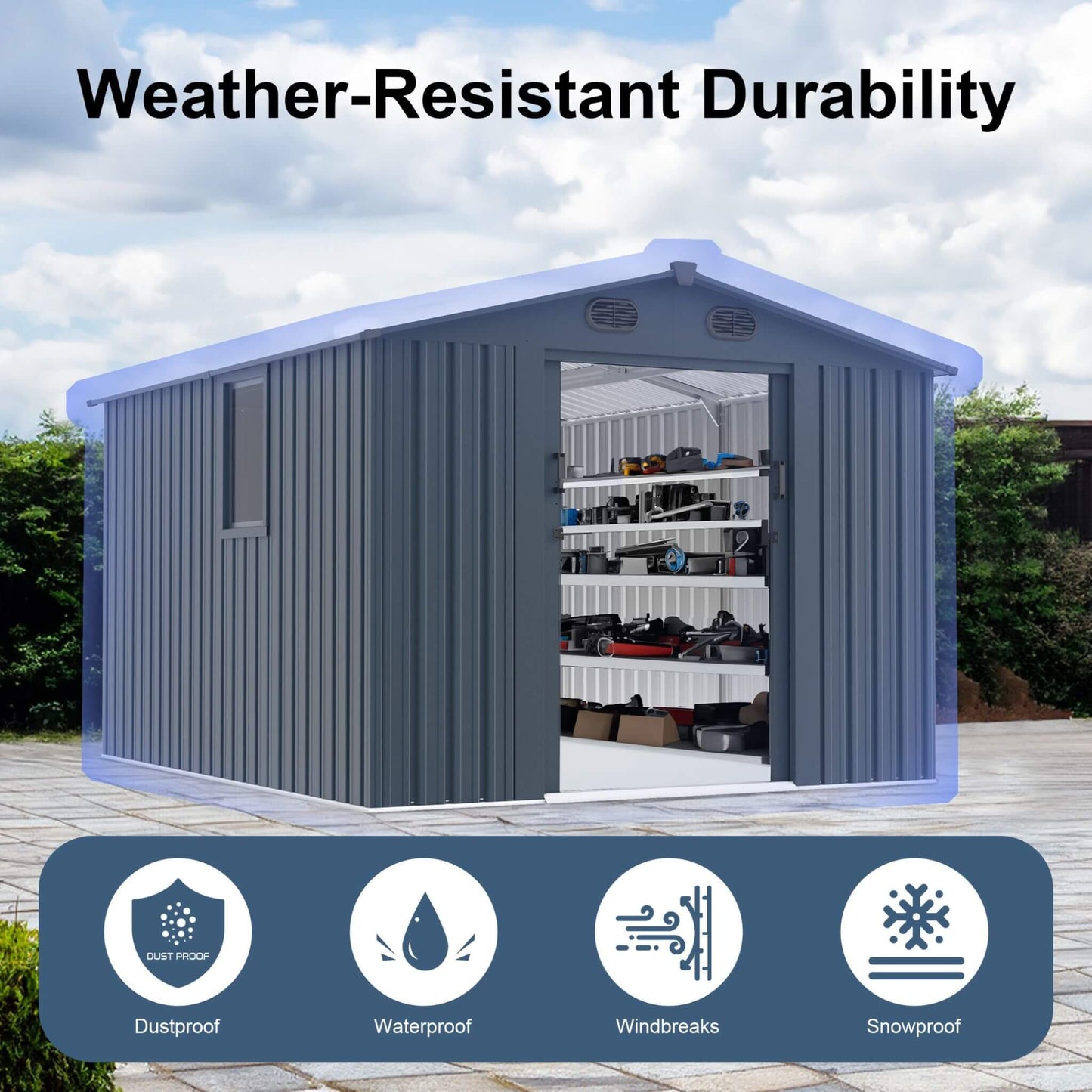 8FT X 10FT Alora Large Outdoor Metal Storage Tool Shed with Window and Lockable Doors