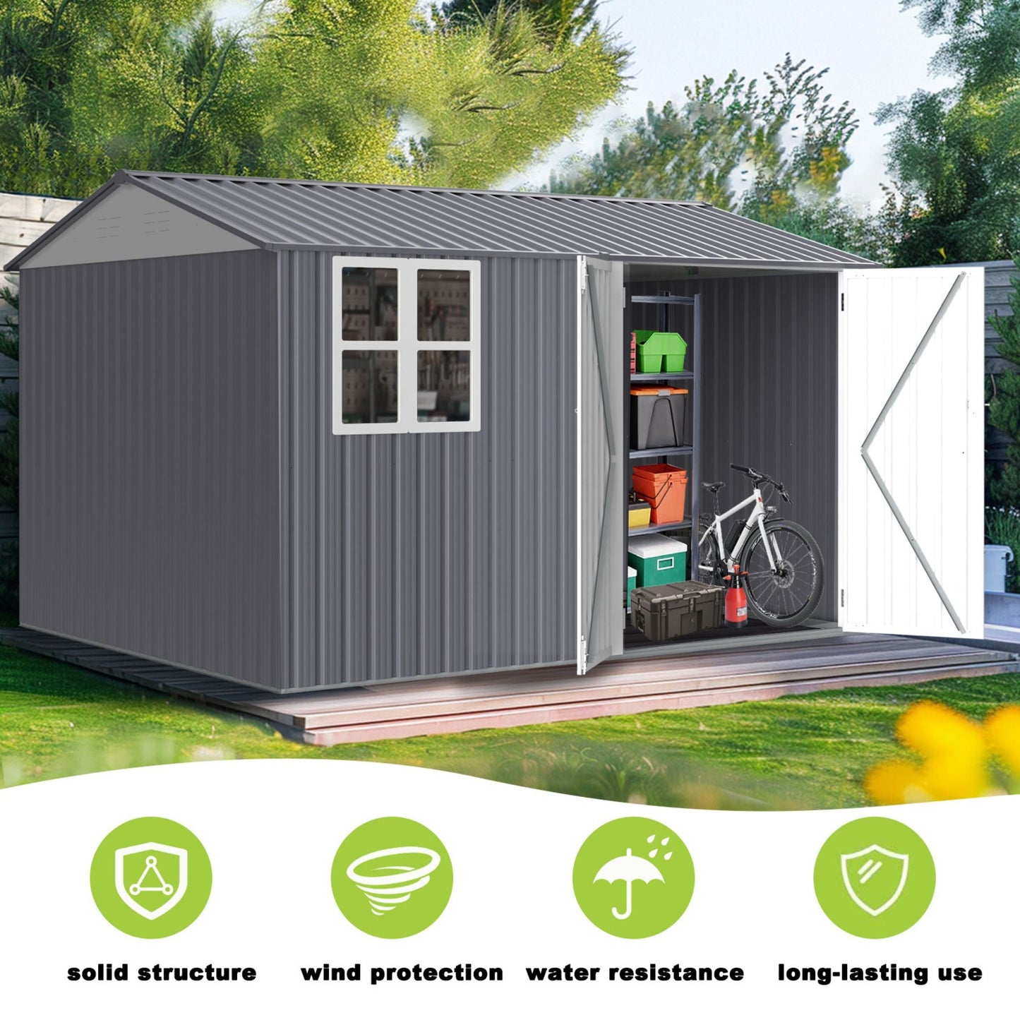 8FT x 10FT Alora Outdoor Garden Tool Shed with Thickened Galvanized Steel, Sloped Roof, Vents and Double Lockable Doors