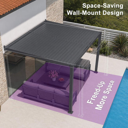 8FT X 10FT Modern Wall-Mounted Louvered Pergola with Aluminum Frame