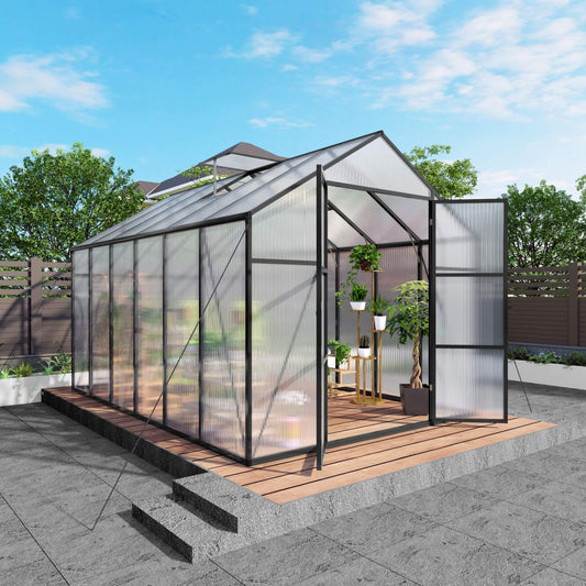 8FT x 12FT All-Season Outdoor Backyard Polycarbonate Greenhouse with Raised Base and Aluminum Frame