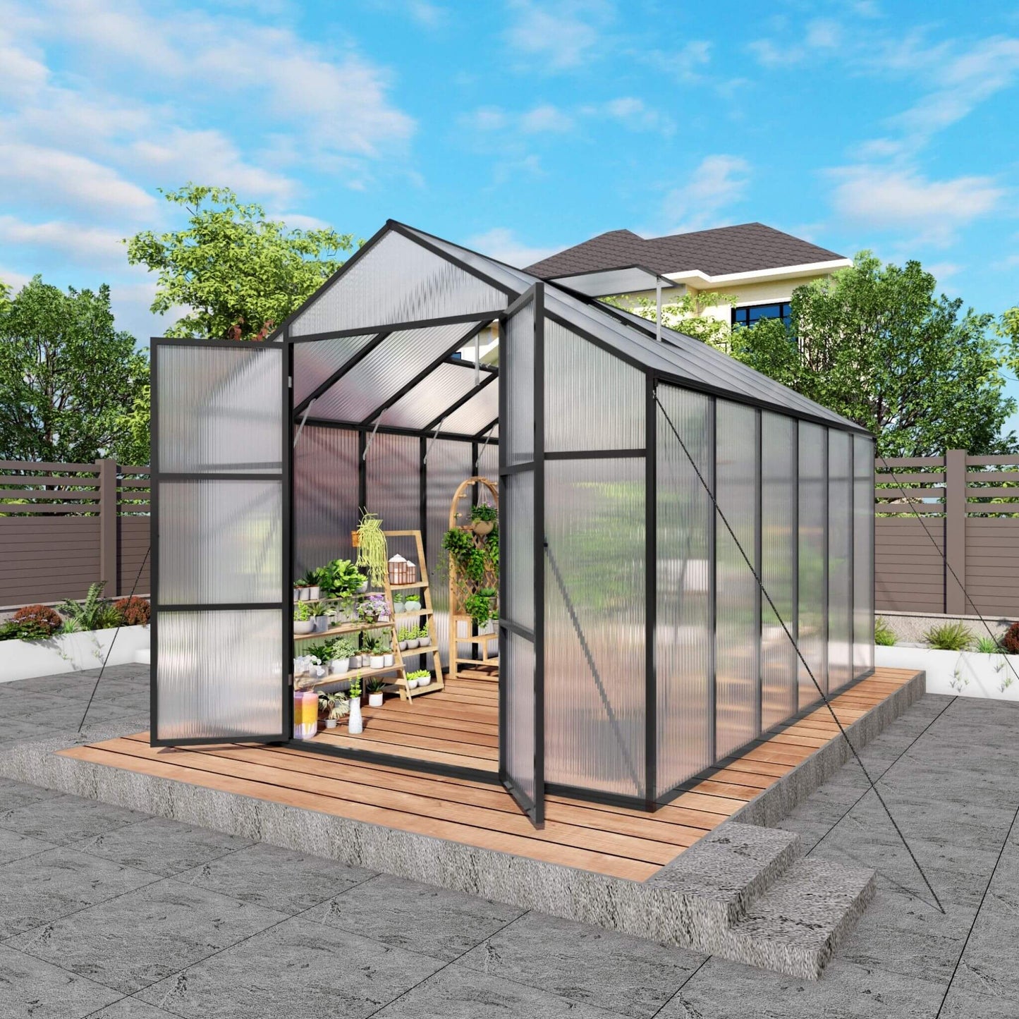 8FT x 12FT All-Season Outdoor Backyard Polycarbonate Greenhouse with Raised Base and Aluminum Frame