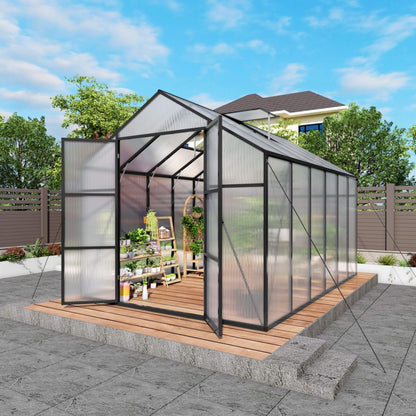 8FT x 12FT All-Season Outdoor Backyard Polycarbonate Greenhouse with Raised Base and Aluminum Frame