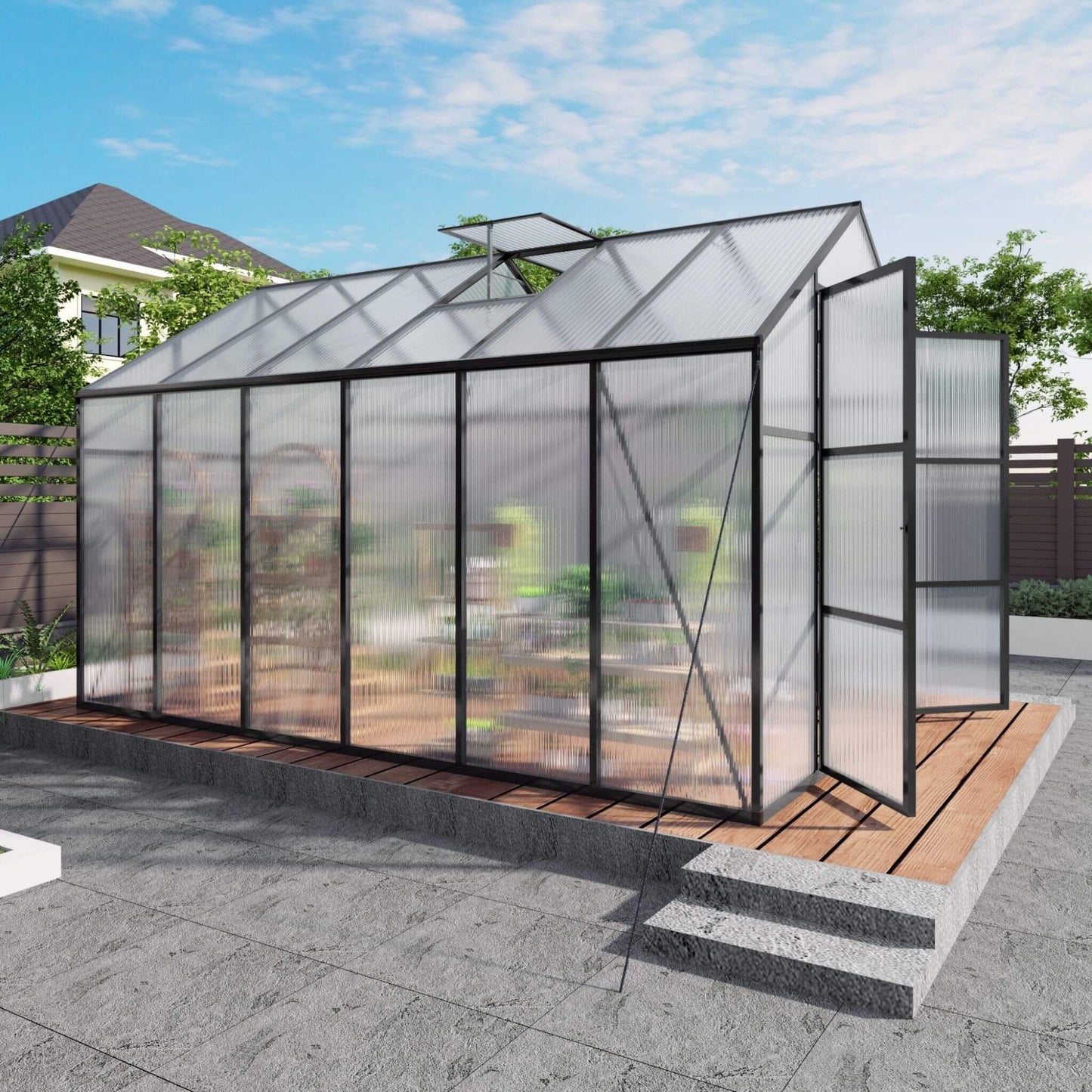 8FT x 12FT All-Season Outdoor Backyard Polycarbonate Greenhouse with Raised Base and Aluminum Frame