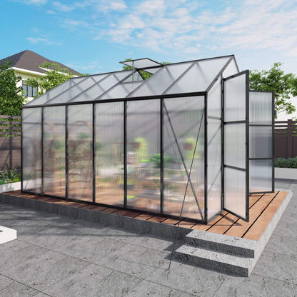 8FT x 12FT All-Season Outdoor Backyard Polycarbonate Greenhouse with Raised Base and Aluminum Frame