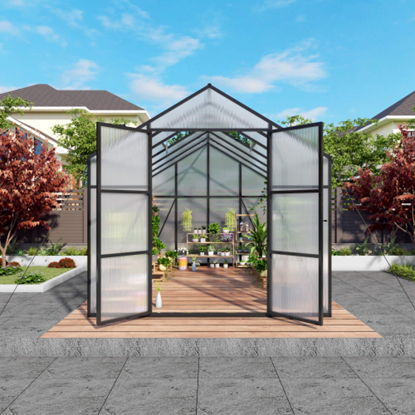 8FT x 12FT All-Season Outdoor Backyard Polycarbonate Greenhouse with Raised Base and Aluminum Frame