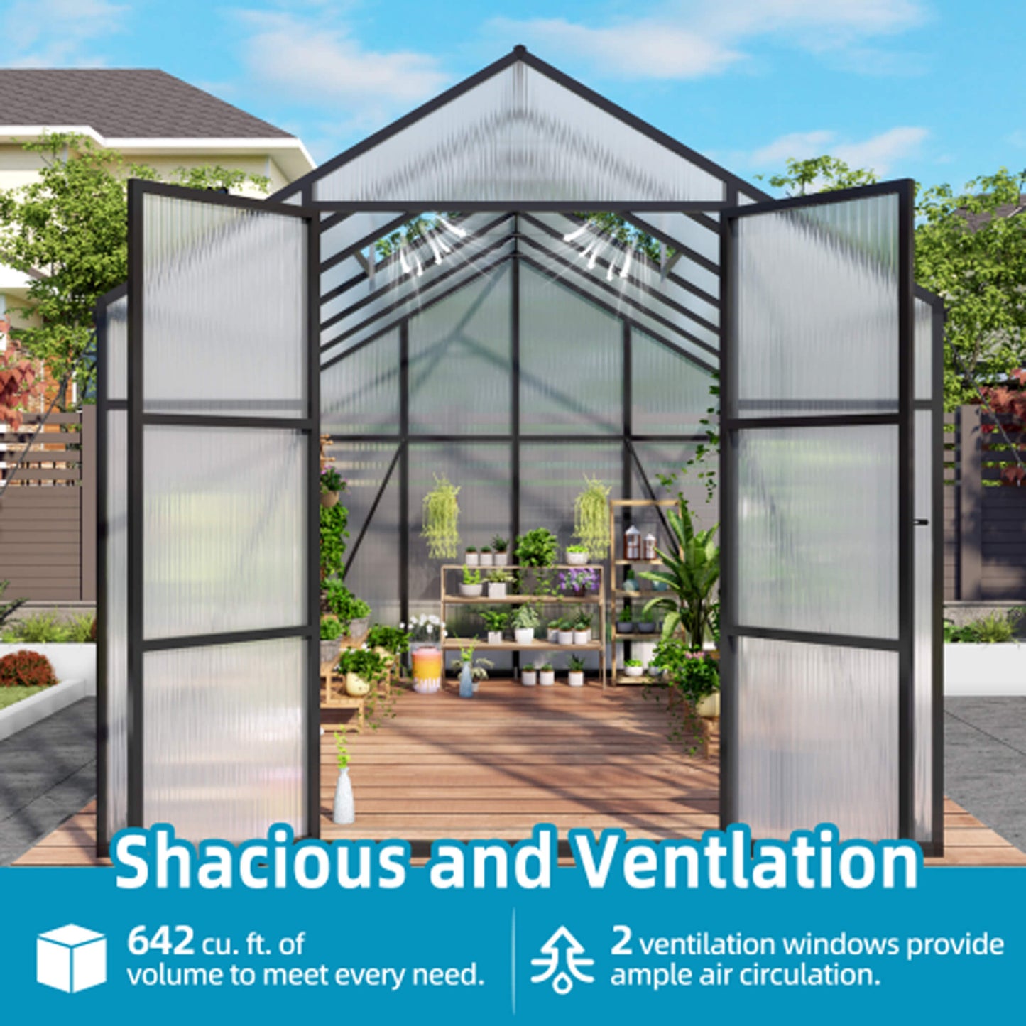 8FT x 12FT All-Season Outdoor Backyard Polycarbonate Greenhouse with Raised Base and Aluminum Frame