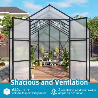 8FT x 12FT All-Season Outdoor Backyard Polycarbonate Greenhouse with Raised Base and Aluminum Frame