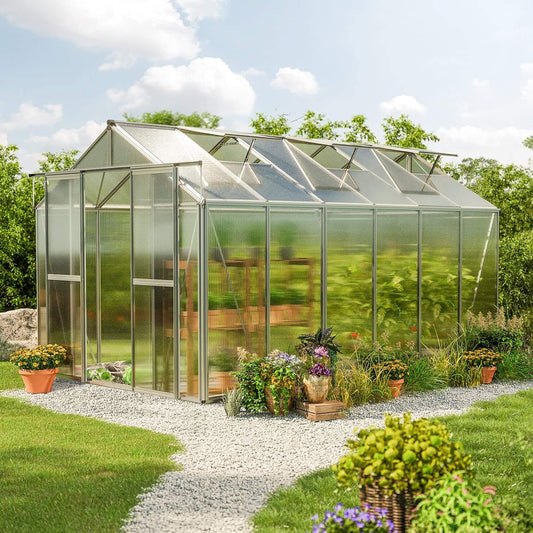 8FT x 12FT Heavy-Duty Polycarbonate Outdoor Greenhouse with Aluminum Frame and Sliding Doors