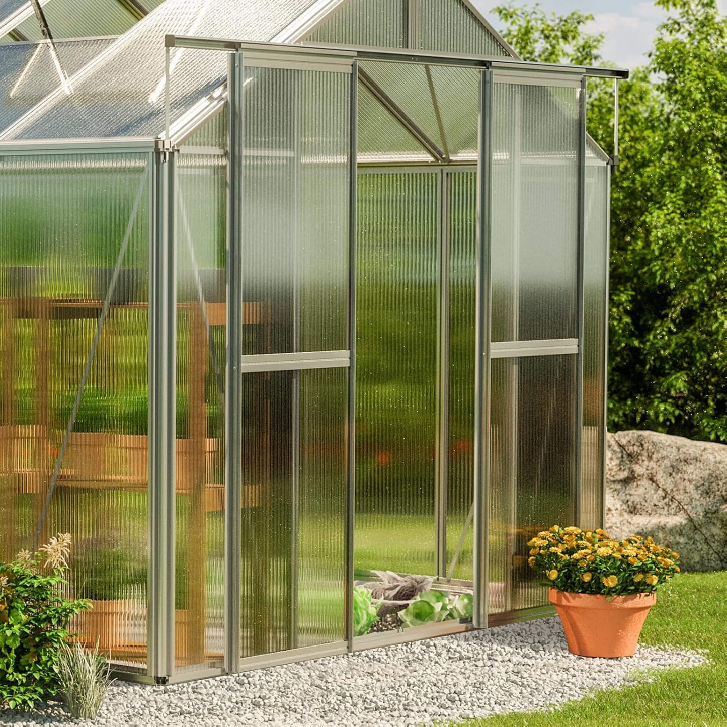 8FT x 12FT Heavy-Duty Polycarbonate Outdoor Greenhouse with Aluminum Frame and Sliding Doors