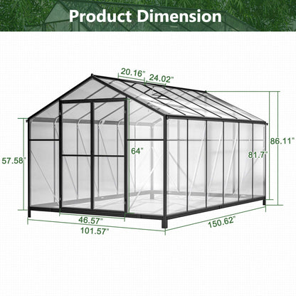 8' x 12' FT Large Outdoor Heavy-Duty Polycarbonate Walk-In Greenhouse With Double Swing Doors And Two Ventilation Windows