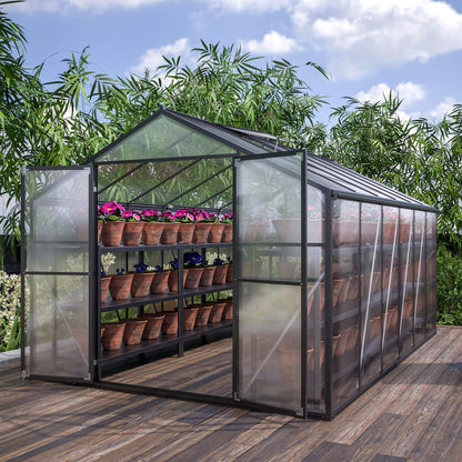 8' x 12' FT Large Outdoor Heavy-Duty Polycarbonate Walk-In Greenhouse With Double Swing Doors And Two Ventilation Windows