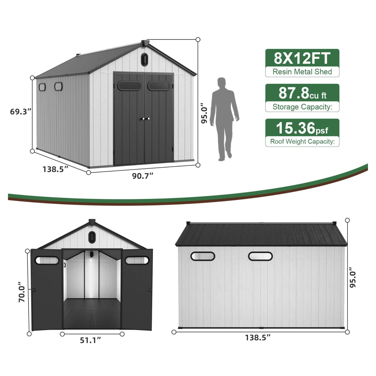 8 'x 12' FT Alora Large Polypropylene Storage Shed With Reinforced Floor And Lockable Swing Doors