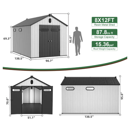 8 'x 12' FT Alora Large Polypropylene Storage Shed With Reinforced Floor And Lockable Swing Doors