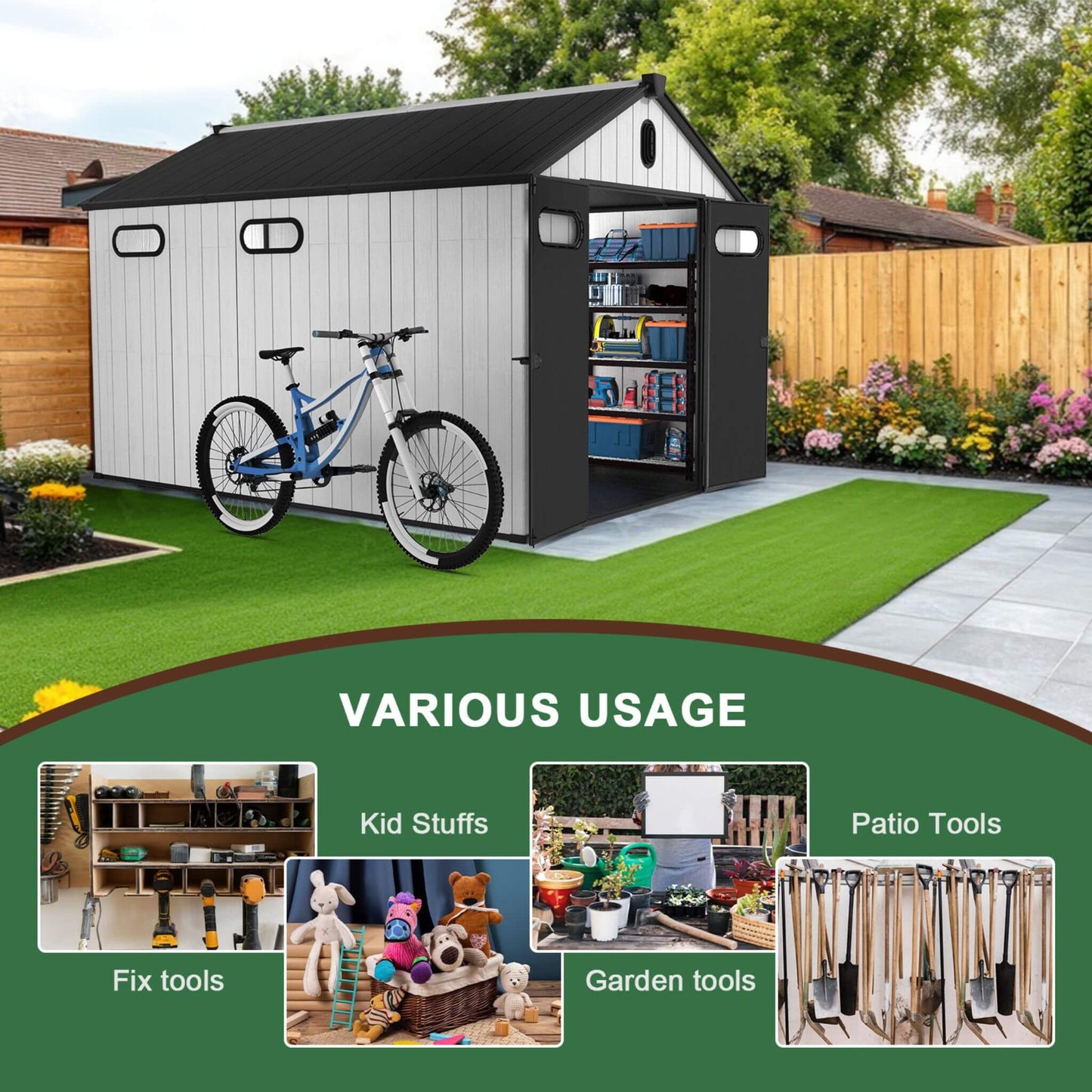 8 'x 12' FT Alora Large Polypropylene Storage Shed With Reinforced Floor And Lockable Swing Doors