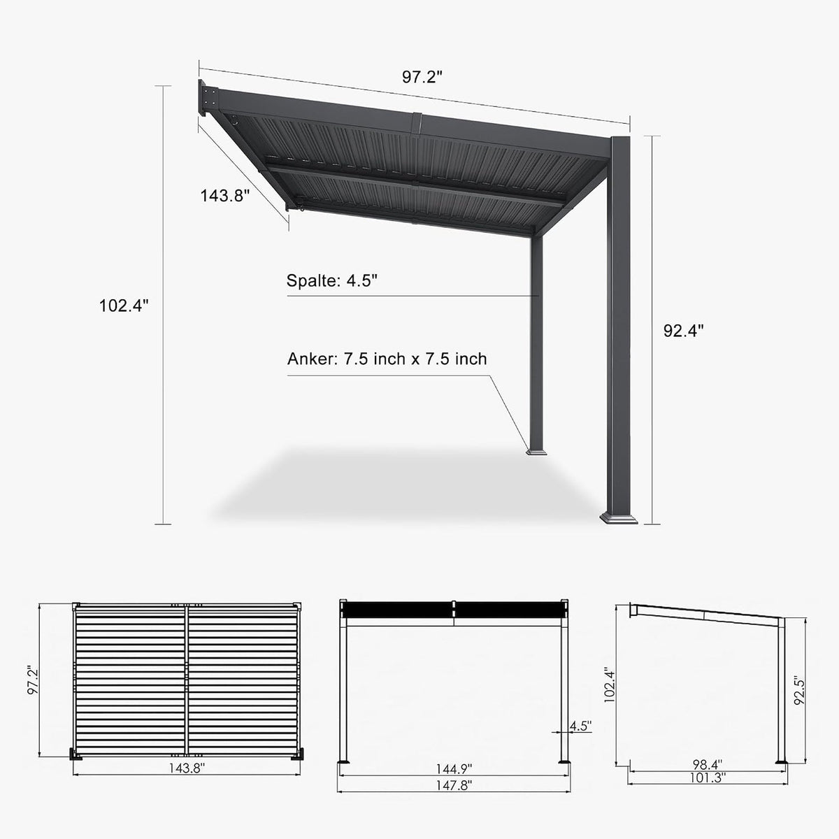8FT X 12FT Modern Wall-Mounted Louvered Pergola with Aluminum Frame