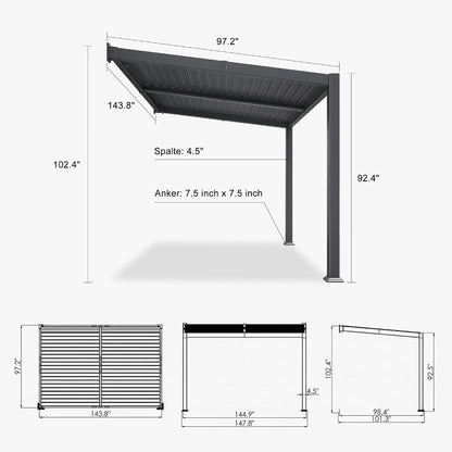 8FT X 12FT Modern Wall-Mounted Louvered Pergola with Aluminum Frame