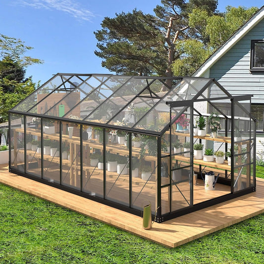 8FT x 14FT Outdoor Polycarbonate Greenhouse with Roof Vents & Sliding Doors, 4MM