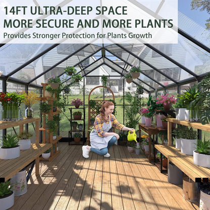 8FT x 14FT Outdoor Polycarbonate Greenhouse with Roof Vents & Sliding Doors, 4MM
