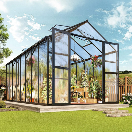 8' x 16' FT Premium Polycarbonate Outdoor Walk-In Patio Greenhouse With Double Swing Doors, 4MM
