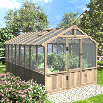 8' x 16' FT Large Heavy-Duty Outdoor Wooden Greenhouse With 6MM Polycarbonate Panels And Vent Roof
