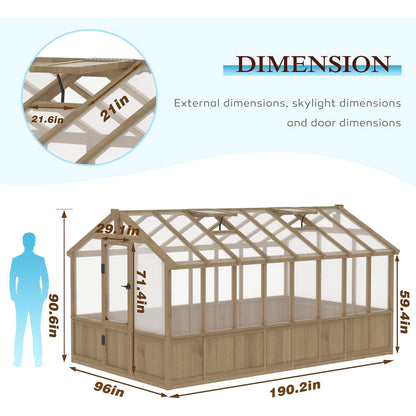 8' x 16' FT Large Heavy-Duty Outdoor Wooden Greenhouse With 6MM Polycarbonate Panels And Vent Roof