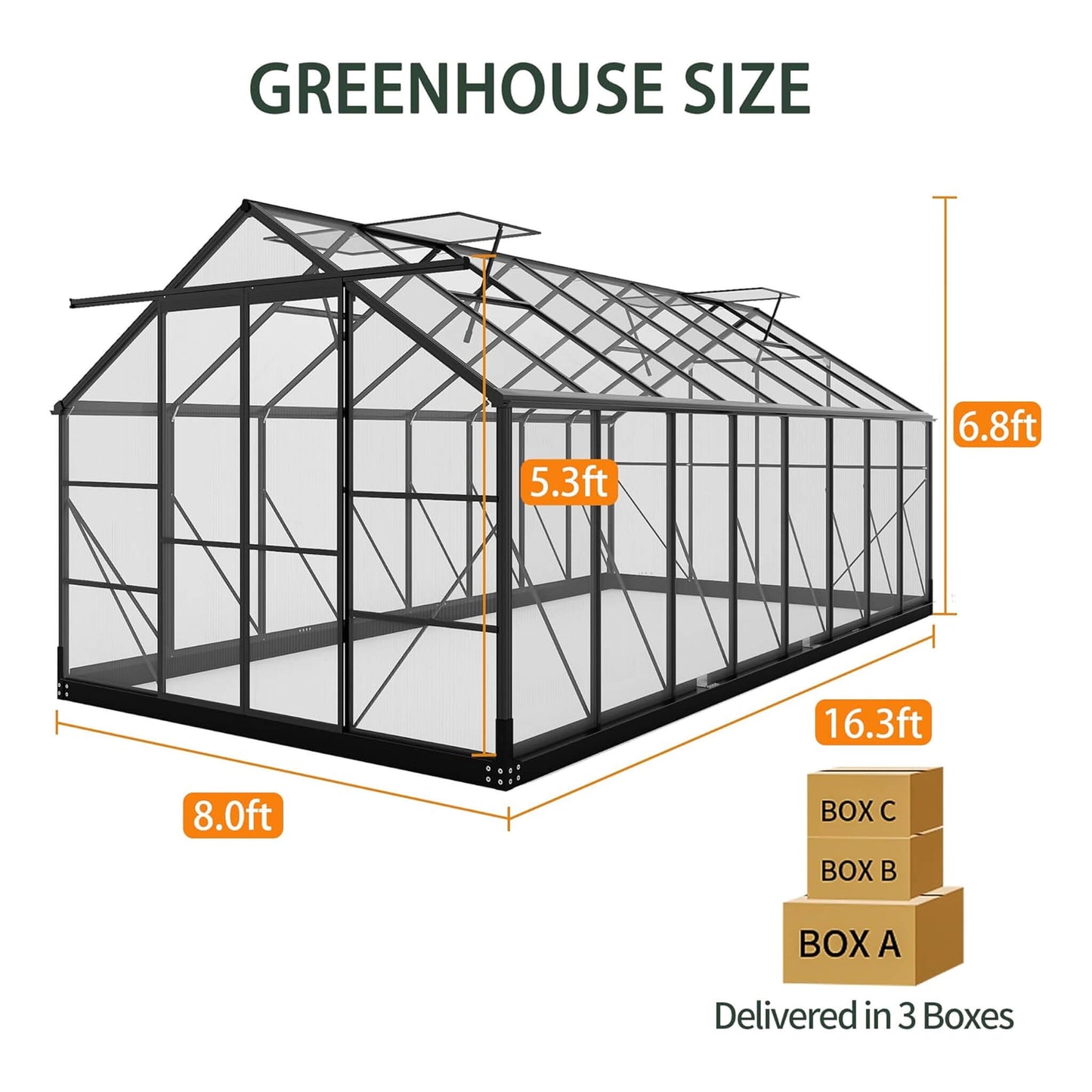 8FT x 16FT Premium Outdoor Walk-In Polycarbonate Greenhouse with Roof Vents & Sliding Doors, 4MM