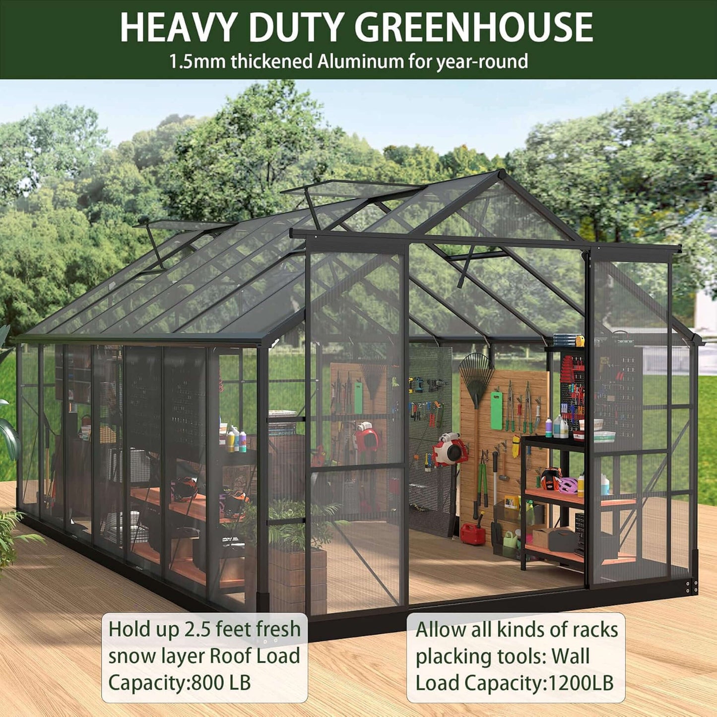 8FT x 16FT Premium Outdoor Walk-In Polycarbonate Greenhouse with Roof Vents & Sliding Doors, 4MM